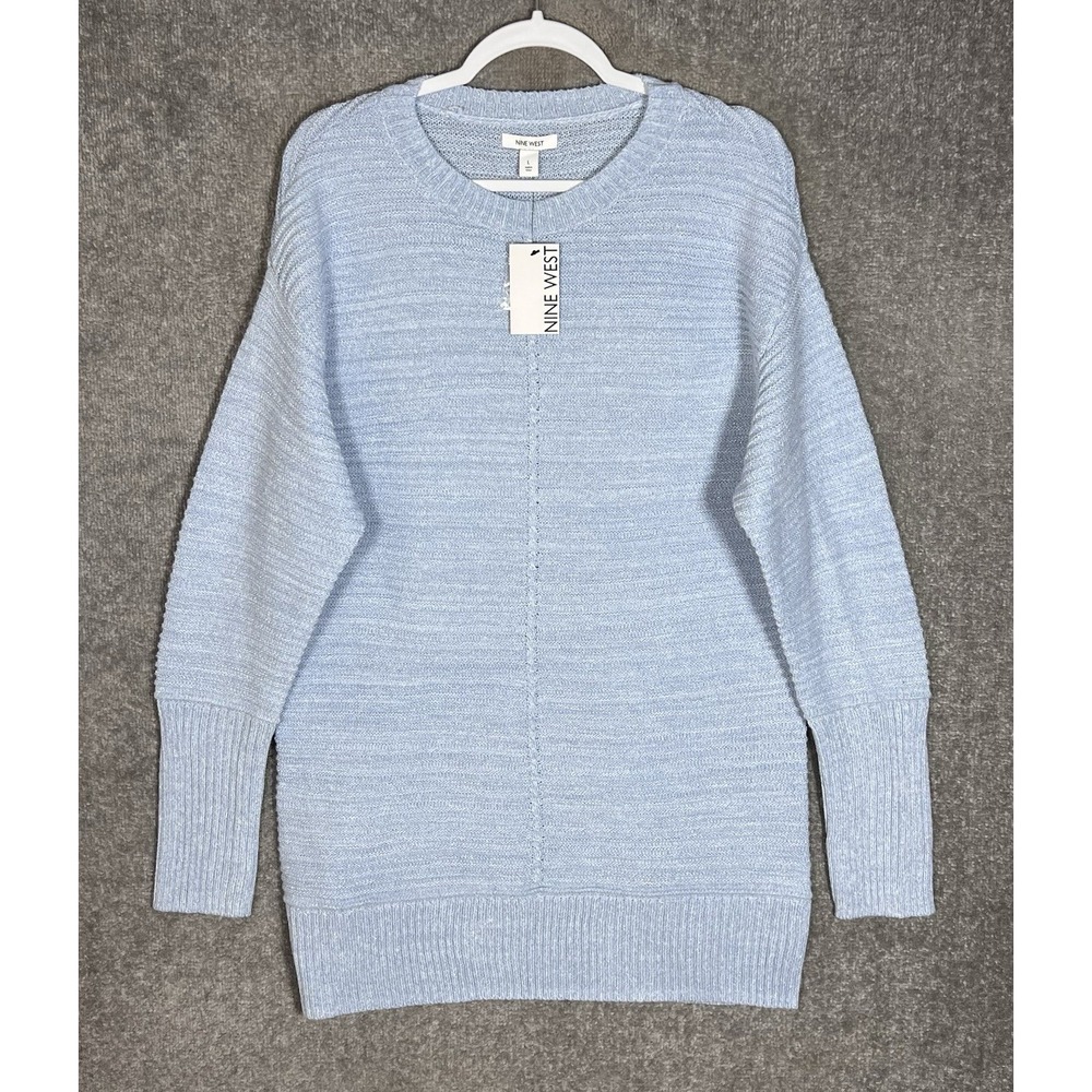 Nine West Ribbed Knit Sweater Dress Womens Size L Light Blue Silver Metallic New